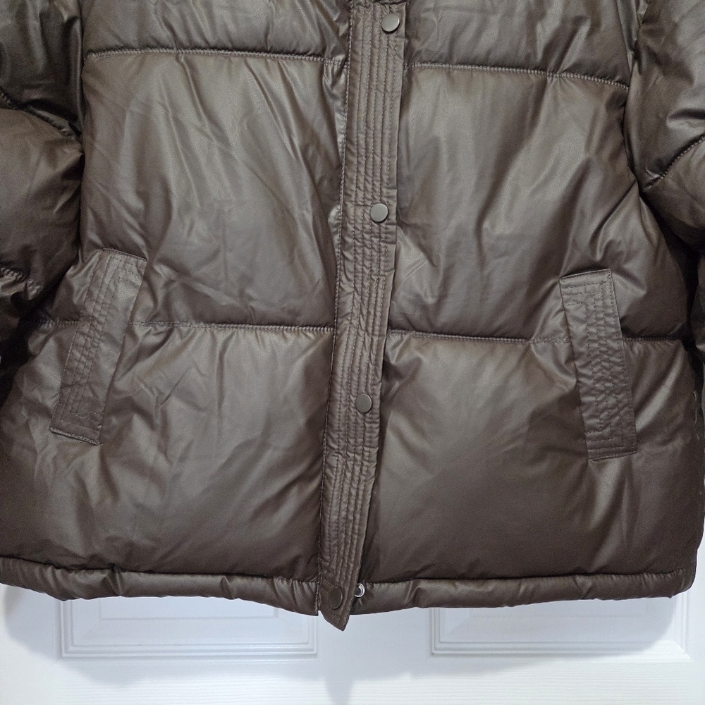 Express Women Brown Vegan Leather Cropped Puffer Jacket Size XL - Picture 6 of 15
